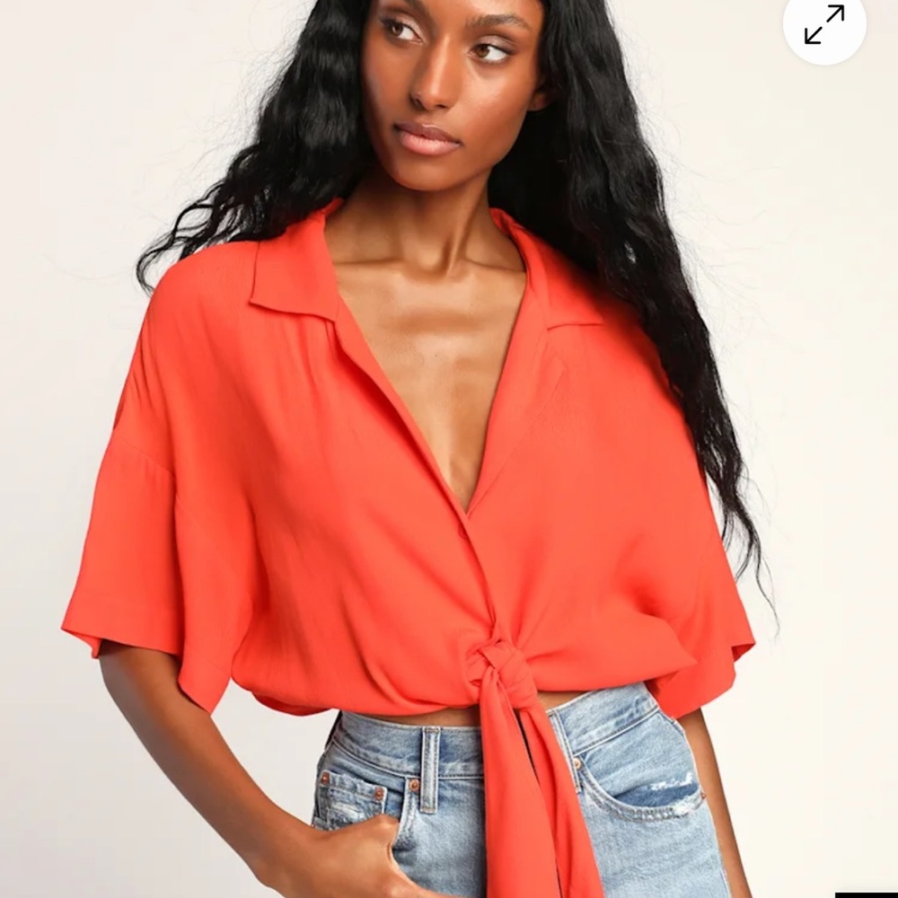 Lulu's Coral Red Tie-Front Short Sleeve Blouse